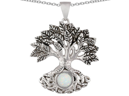 Star K Tree Of Life Good Luck Pendant Necklace with 7mm Round Created Opal Sterling Silver
