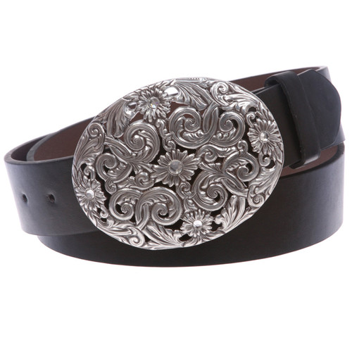 Western Antiqued Silver Sunflower Filigree Rhinestones Oval Belt, Black | xl