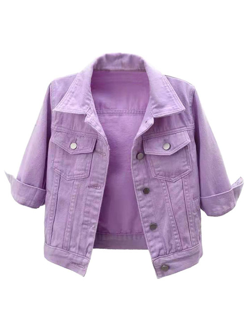 Locachy Womens 3/4 Sleeve Short Denim Jacket Lapel Button Down Cropped Trucker Jean Jackets Coats Purple XS