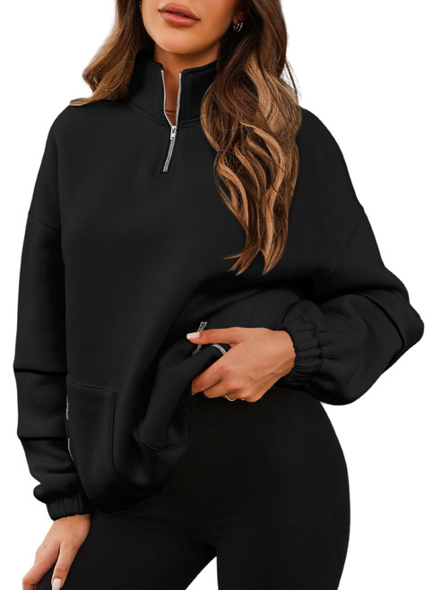 AlvaQ Oversized Sweatshirt for Women Fall Winter Casual Loose Long Sleeve Tunic Sweatshirt V Neck Half Zip Pullovers Tops with Pockets Fashion 2023 Black Small