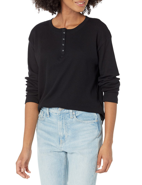 GAP Womens Long Sleeve Waffle Henley True Black V2 2 XL