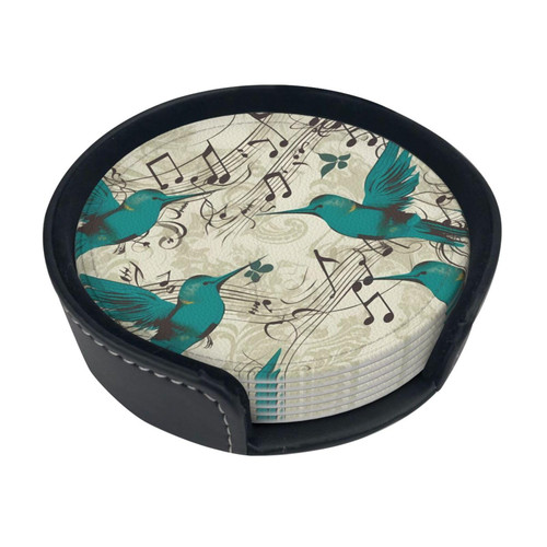 Teal Birds Musical Note Print Coasters Drink Coasters Round Leather Coasters for Ceramic Cup Coffee Cup Home Bar Office Set of 6