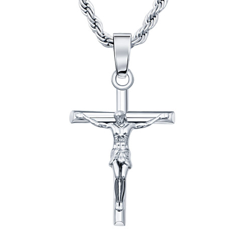 HELLOICE Crucifix Cross Necklace 18K Gold Plated Cross Pendant with 3mm 22" Rope Chain for Men Women (Crucifix Cross-Silver)