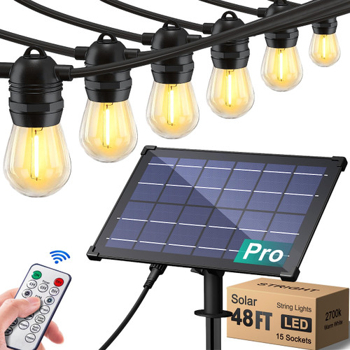 Stright Solar Powered String Light 48FT with Remote Control 8 Light Modes, Weatherproof Shatterproof LED Bulb Outdoor Strand Patio Light for Backyard Porch Cafe, Large Solar Panel