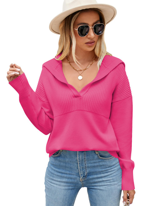 ZAFUL Womens 2023 Long Sleeve V Neck Pullover Sweaters Foldover Collared Casual Knit Soft Jumper Tops Pink