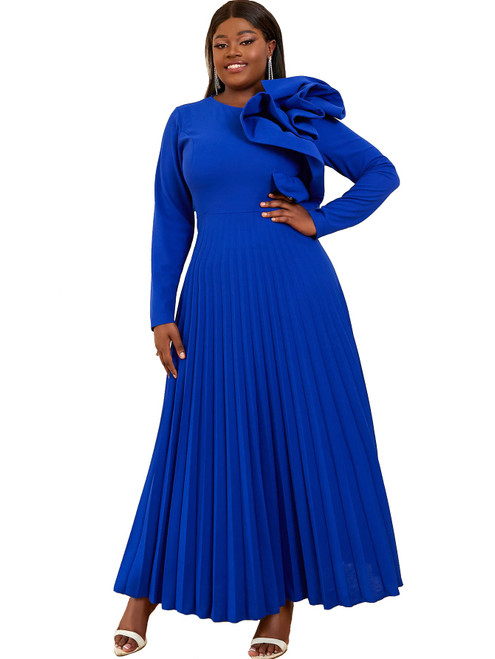 AOMEI Women's Blue Long Sleeve with Asymmetrical Ruffles Pleated A-Line Maxi Dress (3XL,3X-Large)