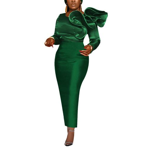 AOMEI Women's Green Crewneck Long Sleeve with Asymmetrical Ruffles Slim Long Dress (M,Medium)