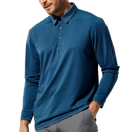 MIER Men's Striped Polo Shirts Long Sleeve Dry Fit Athletic Collared Shirt Casual Work Hiking Golf Shirts, Ocean Blue, S