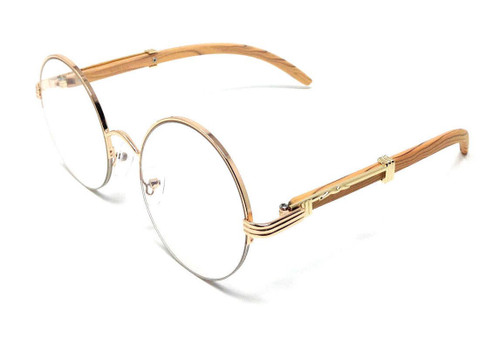 Professor Half Rim Round Metal & Wood Eyeglasses/Clear Lens Sunglasses (Rose Gold & Light Brown Wood Frame, Clear)