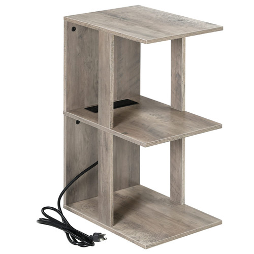 HOOBRO Nightstand with Charging Station, 3 Tier End Table with USB Ports and Outlets, Narrow Side Table with Storage Shelf, Small Sofa Bedside Table for Small Spaces, Bedroom, Greige BG90UBZ01