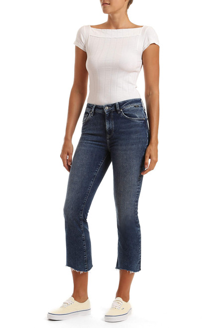 Mavi Women's Anika Mid Rise Cropped Flate Jeans, Indigo Destroyed Hem Organic Blue, 24 x 26