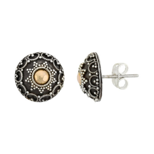 Sterling Silver Flower Stud Earrings, Accented Real 18k Gold, 1/2 inch tall