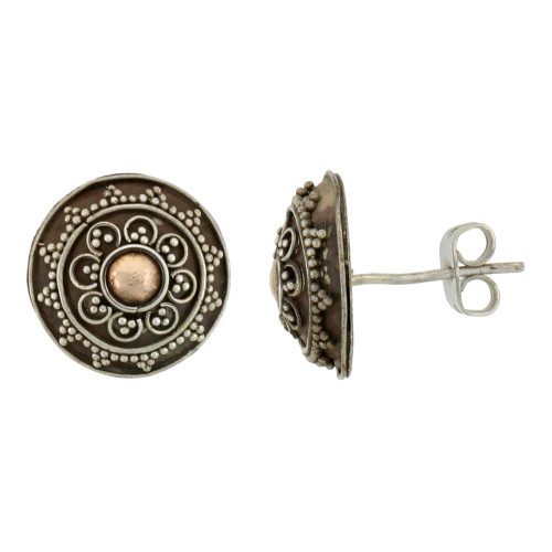 Sterling Silver Flower Stud Earrings, Accented Real 18k Gold, 9/16 inch tall