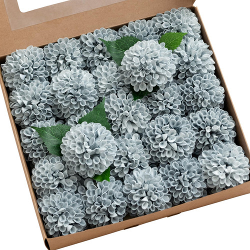 Ling's Moment Artificial Dahlia Flowers Wedding 25pcs Dusty Blue Fake Foam Flowers w/Stem for DIY Wedding Decor Centerpieces Arrangements Bouquets