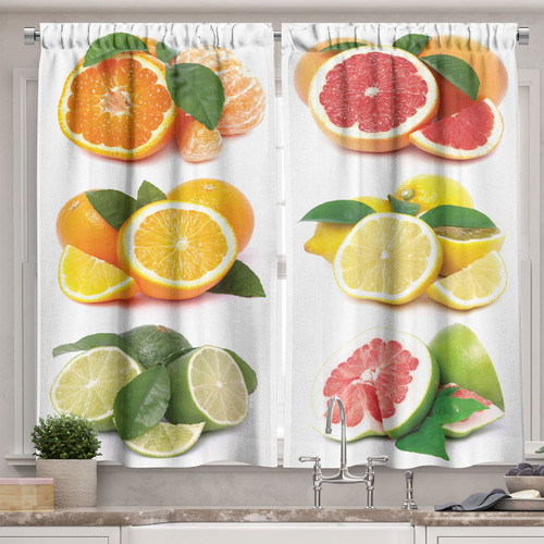 Ambesonne Fruits Kitchen Curtains, Orange Citrus Lemon Slice Mix Refreshment Healthy Natural Tropical Exotic, Window Drapes 2 Panel Set for Kitchen Cafe Decor, 55" X 39", Orange Lime Green Red