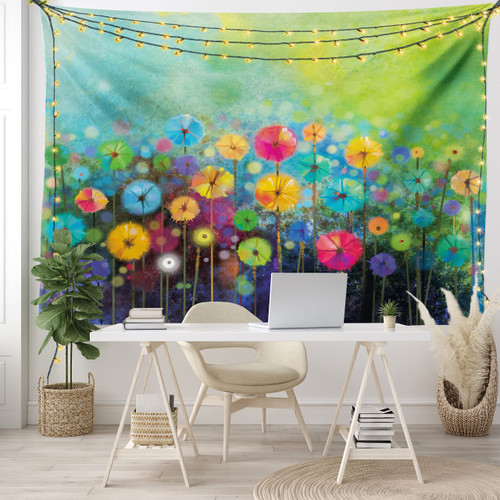Ambesonne Flower Tapestry, Dandelions Featured in Garden Brushstrokes Watercolored Abstract Landscape Art, Fabric Wall Hanging Decor for Bedroom Living Room Dorm, 28" X 23", Green Yellow