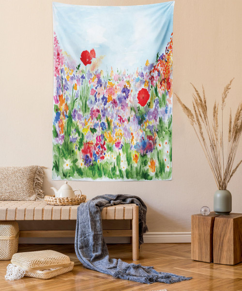 Ambesonne Watercolor Flower Tapestry, Floral Summer Garden Grass and Blooms Love Illustration Print, Wall Hanging for Bedroom Living Room Dorm Decor, 40" X 60", Red Green Purple