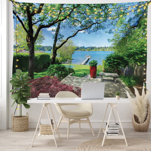 Ambesonne Seascape Tapestry, Seascape Scenery in a Back Yard Garden with Trees Leaves and Photo Art, Wide Wall Hanging for Bedroom Living Room Dorm, 80" X 60", Green Turquoise