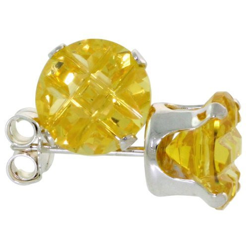 3 Pair Set Sterling Silver Cubic Zirconia Citrine Earrings Studs Yellow Invisible Cut 2.5 carat/pair