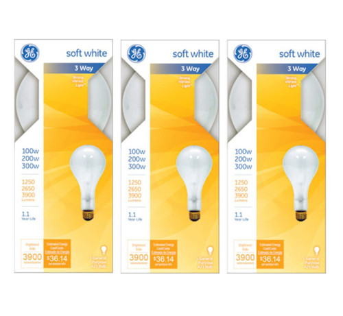 GE 3 Way Incandescent Mogul Base Bulbs 100/200/300 Watt PS25 Soft White 3 Pack