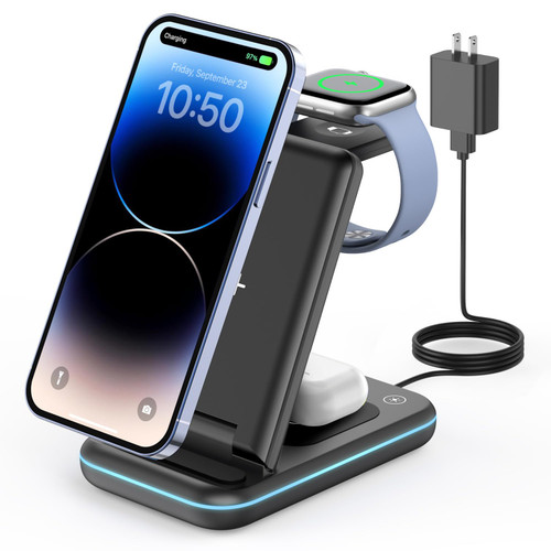 Wireless Charging Station - GEEKERA 3 in 1 Foldable Wireless Charger Stand for iPhone 15/14 13 12 11 Pro Max/X/8, Charging Station for Multiple Devices Apple Watch Ultra/SE/8/7/6/5/4, AirPods 2/3/Pro