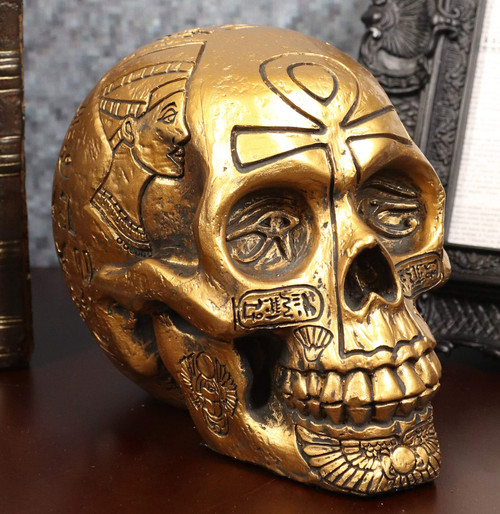 Ebros Gift Egyptian Gods and Kings Golden Nefertiti King TUT Ankh Skull Figurine 6.25" L Skeleton Cranium Gothic Macabre Skulls Deities of Egypt Pharaoh Dynasty Decor
