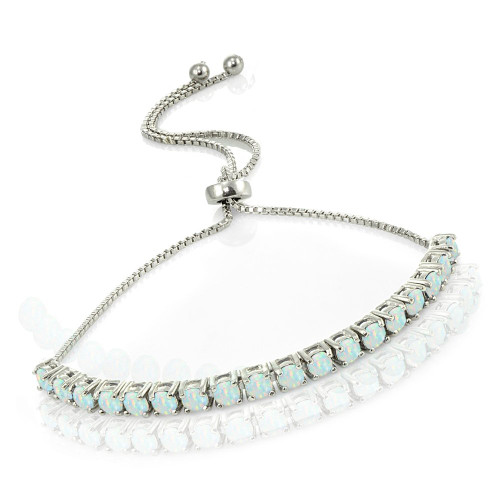 Lovve Sterling Silver Simulated White Opal Tennis Style Adjustable Pull-string Bolo Bracelet for Women