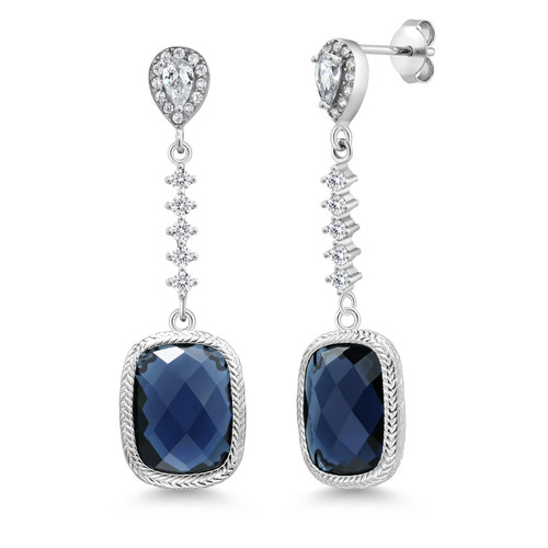 Gem Stone King 925 Sterling Silver Blue Simulated Sapphire and Zirconia Dangle Earrings For Women (4.60 Cttw, 13X9MM Cushion Checkerboard Cut)