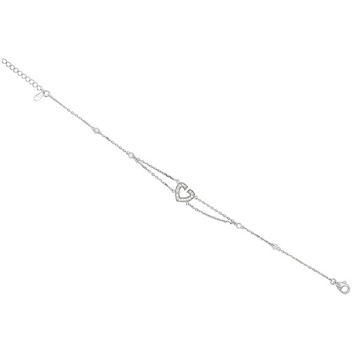 Sterling Silver Micro Pave Cubic Zirconia Heart Charm Bracelet, 7 inches Long + 1 in Extension