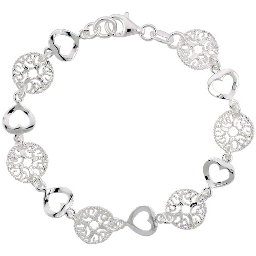 Sterling Silver 7 in. Round Filigree & Heart Cut Out Bracelet, 7/16 in. (11mm) Wide