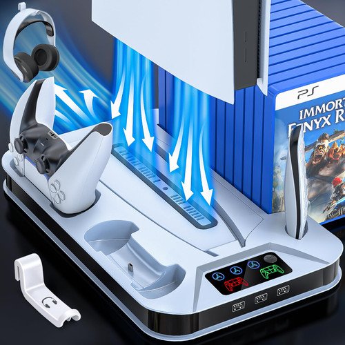 RJAD Cooling Station for PS5 Stand with Controller Charging Station for Playstation 5 Console Disc/Digital, Cooling Stand for PS5 Cooler Fan Accessories for PS5 with 3 USB Hubs, Headset Holder, Screw RJAD Cooling Station for PS5 Stand with Controller Charging Station for Playstation 5 Console Disc/Digital, Cooling Stand for PS5 Cooler Fan Accessories for PS5 with 3 USB Hubs, Headset Holder, Screw