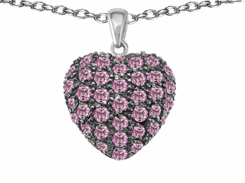 Star K Puffed Heart Love Pendant Necklace with Created Pink Sapphire Sterling Silver