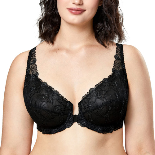 DELIMIRA Women's Front Closure Bras Plus Size Lace Unlined Underwire Black 44C