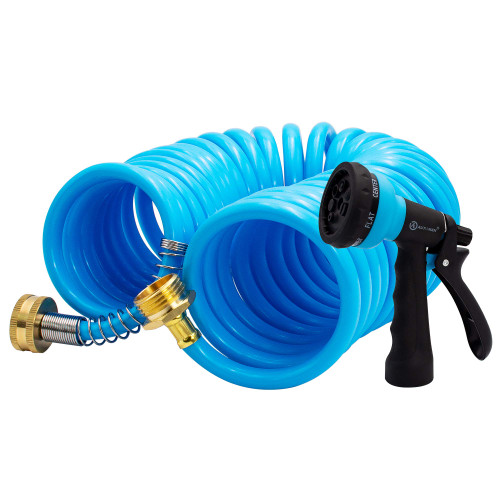 AUTOMAN EVA Recoil Garden Hose 25ft - Includes 7 Pattern Spray Nozzle,Curly Water Hose 25 Foot,Watering Hose Coil,Retractable,Corrosion Resistant Garden Coil Hose.Blue
