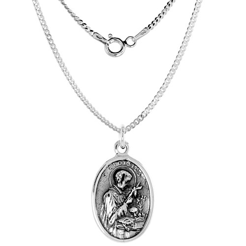 Sterling Silver St Aloysius and St Gabriel Medal Necklace Oxidized finish Oval 16 inch 1.8mm Chain