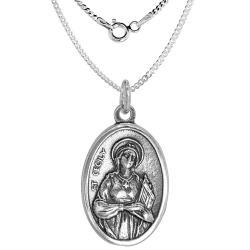 Sterling Silver St Cecily Medal Necklace Oxidized finish Oval 16 inch 1.8mm Chain