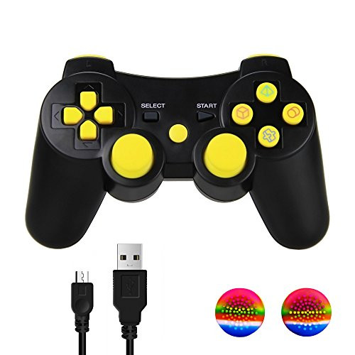 PS3 Wireless Controller, TPFOON Double Shock SIXAXIS Gamepad Remote for PlayStation 3, Charging Cable and 2 Thumb Grip Caps Included (Yellow)