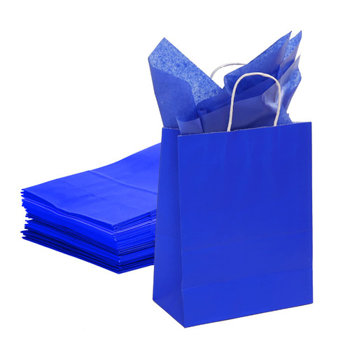 TIMBLESSING 24 Blue Bulk Kraft Party Gift Bags With 24 Sheets of Blue Wrapping Paper, 8.2x4.3x11Inch Medium Size Gift Bag, Gift Bags for Wedding, Birthday, Party Supplies and Gifts