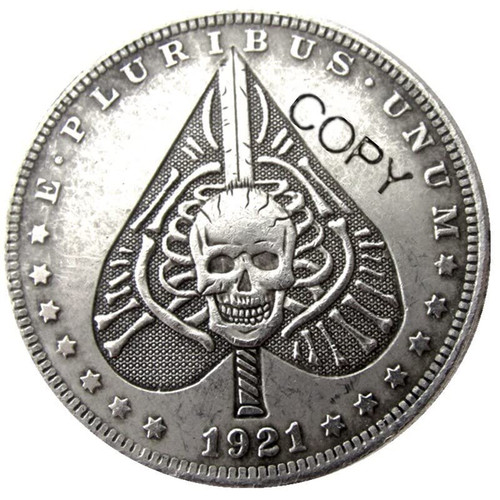 Copy 1921 U.S Hobo Morgan Coin Skull Sword Skeleton Ace Spade Spades Cards Gambling Silver Plated Replica Commemorative