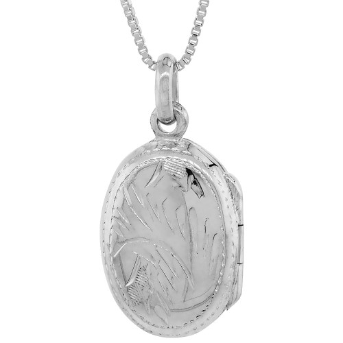 Small Sterling Silver Oval Locket Pendant/Charm Engraved Handmade, 3/4 inch