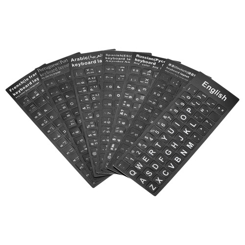 PATIKIL Arabic & German & Russian & French & Portuguese & Spanish & English Keyboard Stickers, 7 Pack Universal Keyboard Replacement Cover Frosted, Black Background White Lettering