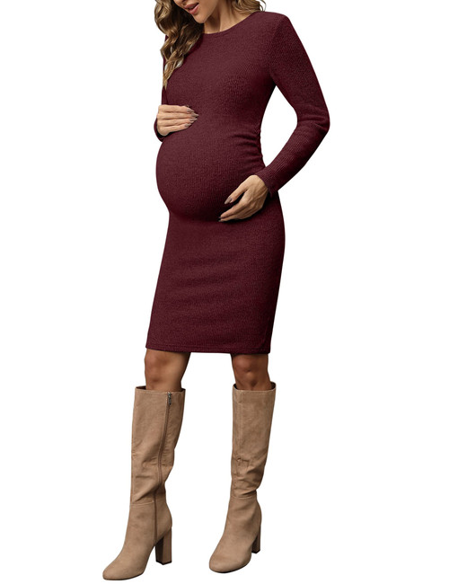 abkylie Maternity Dress Maternity Bodycon Dress Maternity Dress for Photoshoot Maternity Dress for Baby Shower Maternity Sweater Dress Maternity Christmas Dress (Wine L)