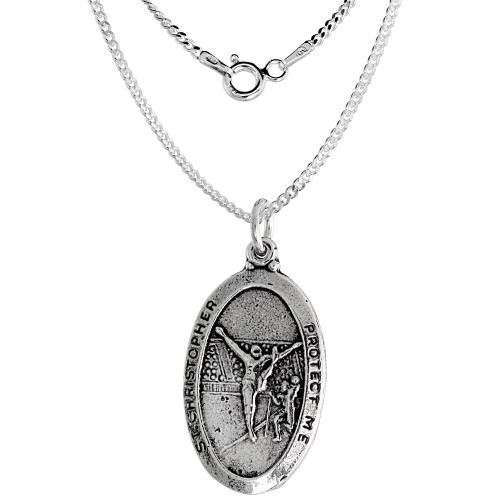 Sterling Silver St Christopher Medal Necklace Oxidized finish for Gymnasts Oval 16 inch CRB_50