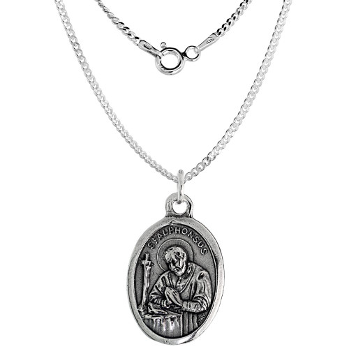 Sterling Silver St Alphonsus Medal Necklace Oxidized finish Oval 24 inch CRB_50