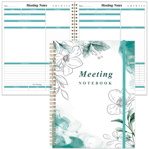 Meeting Notebook for Work with Action Items - A4 Spiral Project Planner Notebook for Note Taking, Office/ Business Meeting Notes Agenda Organizer for Men & Women, 80Sheets / 160 Pages, 8.5" x 11", Teal Flower