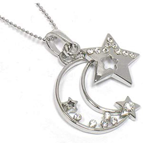 Celestial Crystal Crescent Moon and Star Charm Pendant on 18" Silver Tone Snake Necklace