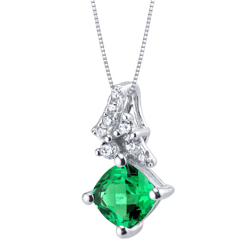 Peora Simulated Emerald Flair Pendant Necklace for Women 925 Sterling Silver, 0.75 Carat Cushion Cut, with 18 Inch Italian Chain
