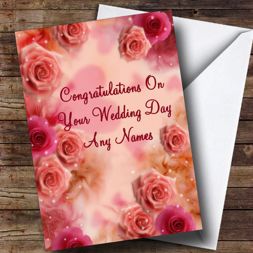 Pretty Pink Flowers Romantic Personalized Wedding Day Greetings Greetings Card