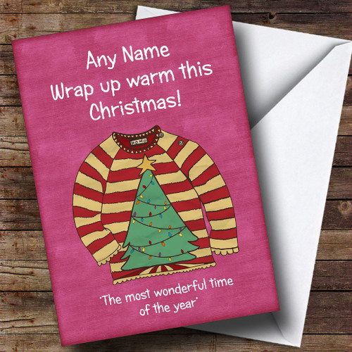 Xmas Tree Jumper Bright Pink Personalized Christmas Holiday Greetings Greetings Card