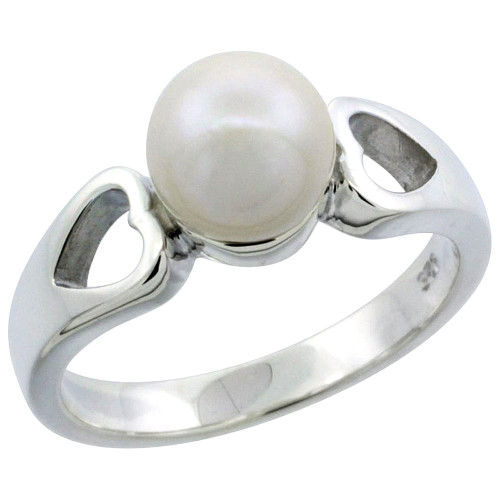 Sterling silver Pearl Ring for Women Double Heart Cut Out 1/4 inch wide size 6